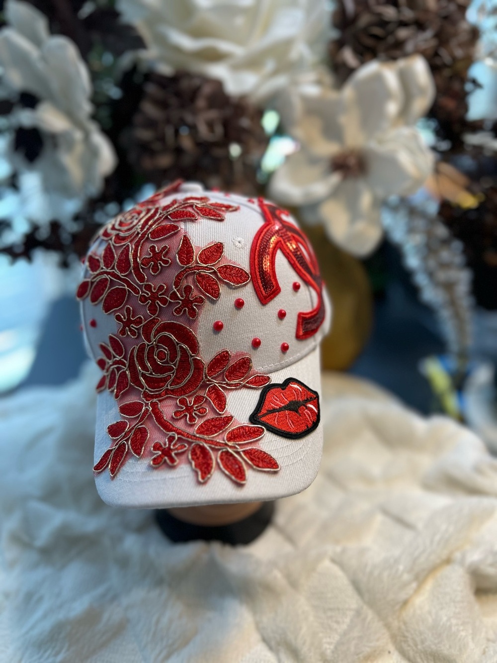 Women's White Baseball Cap with Red Floral Embroidery and Lip Patch